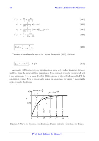 42                                                   Análise Dinâmica de Processos




               a1       a2
       Y (s) =     +                                                               (3.65)
                s     τs + 1
                    1
          a1 =             s |s=0 = 1                                              (3.66)
               (τ s + 1)s
                    1
          a2 =             (τ s + 1) |s=− 1 = −τ                                   (3.67)
               (τ s + 1)s                 τ

               1       −τ
       Y (s) =    −                                                                (3.68)
               s (τ s + 1)



                 1     1
       Y (s) =     −                                                               (3.69)
                 s s + (1/τ )


     Tomando a transformada inversa de Laplace da equação (3.69), obtém-se:



       y(t) = 1 − e−t/τ ,   t≥0                                                    (3.70)


   A equação (3.70) estabelece que inicialmente, a saída y(t) é nula e ﬁnalmente torna-se
unitária. Uma das características importantes desta curva de resposta exponencial y(t)
é que no instante t = τ o valor de y(t) é 0,632, ou seja, o valor y(t) alcançou 63,2 % da
condição de regime. Nota-se que, quanto menor for a constante de tempo τ , mais rápida
será a resposta do sistema.




Figura 3.8: Curva de Resposta com Excitação Degrau Unitário - Constante de Tempo.




                            Prof. José Juliano de Lima Jr.
 