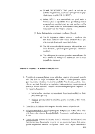 161
c) GRAVE OU SIGNIFICATIVO: quando se trata de re-
sultado insignificante, adota-se o princípio da insignifi-
cância ou da bagatela (HC 84412/STF).
d) INTOLERÁVEL: se a comunidade, em geral, aceita o
resultado, não há tipicidade, desde que não haja ofensa
aos princípios constitucionais (ex. mãe que fura orelha
da filha; maus tratos de animais em rodeio; pequenas
lesões corporais nas relações sexuais).
5) Juízo da imputação objetiva do resultado: (Roxin):
a) Não há imputação objetiva quando o resultado não
tem direta conexão com o risco proibido criado (ex.
criança seqüestrada; mãe morre de infarto).
b) Não há imputação objetiva quando há condições pes-
soais da vítima, ignorada pelo agente (ex. vítima he-
mofílica).
c) Não há imputação objetiva quando o resultado está fo-
ra do âmbito de proteção da norma (ex. caso clássico
dos ciclistas alemães).
Dimensão subjetiva – 3ª dimensão da tipicidade
1) Princípio da responsabilidade penal subjetiva: o agente só responde quando
atua com dolo ou culpa. O dolo (art. 18, I, do CP) ocorre quando o sujeito
quer ou assume o risco de produzir o resultado. Pela doutrina, dolo é a cons-
ciência e vontade de realizar os requisitos objetivos do tipo, que conduzem à
produção de um resultado desejado ou assumido pelo agente. Significa sa-
ber e querer. Requisitos:
a) Intelectual ou cognitivo: ter consciência dos requisitos objetivos do ti-
po (saber o que faz).
b) Volitivo: querer praticar a conduta e gerar o resultado. O dolo é sem-
pre típico.
2) Consciência da ilicitude: não faz parte do dolo, mas da culpabilidade.
3) Posição sistemática do dolo: hoje faz parte da tipicidade ou fato típico (Wel-
zel). Antes estava dentro da culpabilidade. O erro sobre o dolo chama-se erro
de tipo.
4) Dolo e conduta: pertence a conduta, mas não é valorado dentro dela. O dolo
é contemporâneo da conduta, presente em seu momento, logo o dolo subse-
qüente ou posterior não tem valor para o Direito Penal. Depois da consuma-
 