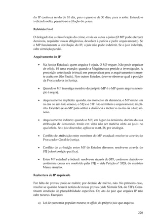 220
do IP continua sendo de 10 dia, para o preso e de 30 dias, para o solto. Estando o
indiciado solto, permite-se a dilação do prazo.
Relatório final
O delegado faz a classificação do crime, envia os autos a juízo (O MP pode oferecer
denúncia, requisitar novas diligências, devolver à polícia e pedir arquivamento). Se
o MP fundamenta a devolução do IP, o juiz não pode indeferir. Se o juiz indeferir,
cabe correição parcial.
Arquivamento do IP
• Na Justiça Estadual: quem arquiva é o juiz. O MP requer. Não pode arquivar
de ofício. Só uma exceção: quando a Magistratura preside a investigação. A
prescrição antecipada (virtual; em perspectiva) gera o arquivamento (somen-
te aceita em São Paulo). Nos outros Estados, deve-se observar qual a posição
da Procuradoria de Justiça.
• Quando o MP investiga membro do próprio MP é o MP quem arquiva (exce-
ção à regra).
• Arquivamento implícito: quando, no momento da denúncia, o MP omite um
co-réu ou um fato conexo, o STJ e o STF não admitem o arquivamento implí-
cito. Devolve-se ao MP para aditar a denúncia e incluir o co-réu ou o fato co-
nexo.
• Arquivamento indireto: quando o MP, em lugar da denúncia, declina da sua
atribuição de denunciar, tendo em vista não ser matéria afeta ao juízo no
qual oficia. Se o juiz discordar, aplica-se o art. 28, por analogia.
• Conflito de atribuição entre membros do MP estadual: resolve-se através do
Procurador-Geral de Justiça.
• Conflito de atribuição entre MP de Estados diversos: resolve-se através do
STJ (não é posição pacífica).
• Entre MP estadual e federal: resolve-se através do STF, conforme decisão re-
centíssima (antes era resolvido pelo STJ) – vide Petição nº 3528, do ministro
Marco Aurélio.
Reabertura do IP arquivado
Por falta de provas, pode-se reabrir; por decisão de mérito, não. No primeiro caso,
resolve-se quando houver notícia de novas provas (vide Súmula 524, do STF). Cons-
tituem condição de procedibilidade específica. Do ato do juiz que arquiva IP não
cabe recurso. Exceções:
a) Lei de economia popular: recurso ex officio do próprio juiz que arquiva.
 
