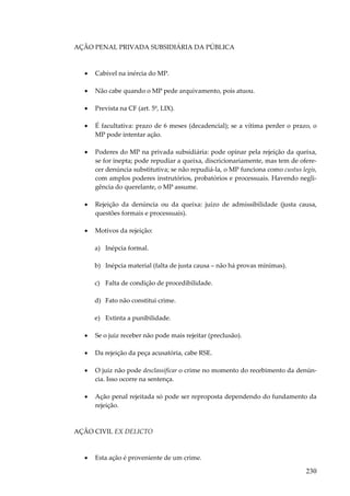 230
AÇÃO PENAL PRIVADA SUBSIDIÁRIA DA PÚBLICA
• Cabível na inércia do MP.
• Não cabe quando o MP pede arquivamento, pois atuou.
• Prevista na CF (art. 5º, LIX).
• É facultativa: prazo de 6 meses (decadencial); se a vítima perder o prazo, o
MP pode intentar ação.
• Poderes do MP na privada subsidiária: pode opinar pela rejeição da queixa,
se for inepta; pode repudiar a queixa, discricionariamente, mas tem de ofere-
cer denúncia substitutiva; se não repudiá-la, o MP funciona como custus legis,
com amplos poderes instrutórios, probatórios e processuais. Havendo negli-
gência do querelante, o MP assume.
• Rejeição da denúncia ou da queixa: juízo de admissibilidade (justa causa,
questões formais e processuais).
• Motivos da rejeição:
a) Inépcia formal.
b) Inépcia material (falta de justa causa – não há provas mínimas).
c) Falta de condição de procedibilidade.
d) Fato não constitui crime.
e) Extinta a punibilidade.
• Se o juiz receber não pode mais rejeitar (preclusão).
• Da rejeição da peça acusatória, cabe RSE.
• O juiz não pode desclassificar o crime no momento do recebimento da denún-
cia. Isso ocorre na sentença.
• Ação penal rejeitada só pode ser reproposta dependendo do fundamento da
rejeição.
AÇÃO CIVIL EX DELICTO
• Esta ação é proveniente de um crime.
 