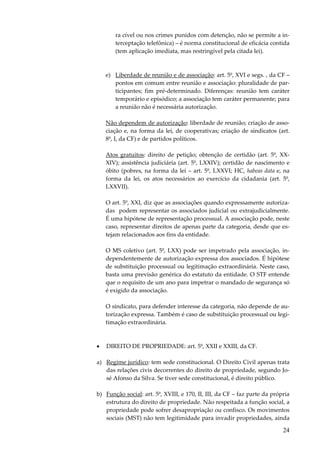 24
ra cível ou nos crimes punidos com detenção, não se permite a in-
terceptação telefônica) – é norma constitucional de eficácia contida
(tem aplicação imediata, mas restringível pela citada lei).
e) Liberdade de reunião e de associação: art. 5º, XVI e segs. , da CF –
pontos em comum entre reunião e associação: pluralidade de par-
ticipantes; fim pré-determinado. Diferenças: reunião tem caráter
temporário e episódico; a associação tem caráter permanente; para
a reunião não é necessária autorização.
Não dependem de autorização: liberdade de reunião; criação de asso-
ciação e, na forma da lei, de cooperativas; criação de sindicatos (art.
8º, I, da CF) e de partidos políticos.
Atos gratuitos: direito de petição; obtenção de certidão (art. 5º, XX-
XIV); assistência judiciária (art. 5º, LXXIV); certidão de nascimento e
óbito (pobres, na forma da lei – art. 5º, LXXVI; HC, habeas data e, na
forma da lei, os atos necessários ao exercício da cidadania (art. 5º,
LXXVII).
O art. 5º, XXI, diz que as associações quando expressamente autoriza-
das podem representar os associados judicial ou extrajudicialmente.
É uma hipótese de representação processual. A associação pode, neste
caso, representar direitos de apenas parte da categoria, desde que es-
tejam relacionados aos fins da entidade.
O MS coletivo (art. 5º, LXX) pode ser impetrado pela associação, in-
dependentemente de autorização expressa dos associados. É hipótese
de substituição processual ou legitimação extraordinária. Neste caso,
basta uma previsão genérica do estatuto da entidade. O STF entende
que o requisito de um ano para impetrar o mandado de segurança só
é exigido da associação.
O sindicato, para defender interesse da categoria, não depende de au-
torização expressa. Também é caso de substituição processual ou legi-
timação extraordinária.
• DIREITO DE PROPRIEDADE: art. 5º, XXII e XXIII, da CF.
a) Regime jurídico: tem sede constitucional. O Direito Civil apenas trata
das relações civis decorrentes do direito de propriedade, segundo Jo-
sé Afonso da Silva. Se tiver sede constitucional, é direito público.
b) Função social: art. 5º, XVIII, e 170, II, III, da CF – faz parte da própria
estrutura do direito de propriedade. Não respeitada a função social, a
propriedade pode sofrer desapropriação ou confisco. Os movimentos
sociais (MST) não tem legitimidade para invadir propriedades, ainda
 