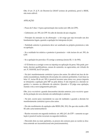 259
Obs. O art. 2º, § 3º, do Decreto-Lei 201/67 (crimes de prefeitos), prevê o RESE,
não mais cabível.
APELAÇÃO
- Prazo de 5 dias + 8 para apresentação das razões (art. 600, do CPP).
- Cabimento: art. 593, do CPP. Só cabe de decisão de juiz singular.
- Princípio da asserção ou da afirmação – a lei exige que seja invocado um dos
fundamentos legais, quando a apelação for interposta do júri.
- Nulidade anterior à pronúncia deve ser analisada na própria pronúncia e não
na apelação.
- Se a nulidade for relativa e posterior à pronúncia – vide incisos do art. 593, do
CPP.
- Se a apelação for provida o TJ corrige a sentença (inciso III, ‘e’ do 593).
- O TJ limita-se a corrigir o erro ou injustiça na aplicação da pena. Não pode, por-
tanto, decotar qualificadoras, causas de aumento, ou agravantes, em virtude do
art. 5º, XXXVIII, da CF (no júri).
- No júri: manifestamente contrária à prova dos autos. Só cabível em face de de-
cisões escandalosas, fatalmente divorciadas do contexto probatório. Com base na
letra ‘d’, inciso III do art. 593, é possível recorrer uma única vez, pouco importa
se interposta a apelação pelo MP ou pela defesa. E não importa se a decisão se-
guinte é a mesma ou diferente da anterior. Quando o TJ julga essa apelação,
manda o réu a novo julgamento pelo júri.
Obs. Juízo rescindente: quando desconstitui decisão anterior; juízo rescisório: quan-
do há prolação de nova decisão em substituição à anterior.
- No júri, ocorre juízo rescindente no caso de nulidade e quando a decisão for
manifestamente contrária à prova dos autos.
- Do não recebimento da apelação cabe RESE (581, XV). Da que não recebe o RE-
SE cabe carta testemunhável.
- Razões recursais em segunda instância: art. 600, § 4º, do CPP – somente na ape-
lação é possível razões recursais na segunda instância.
- Havendo dois ou mais apelantes, os prazos são comuns para as razões (a dou-
trina entende ser inconstitucional este posicionamento).
 