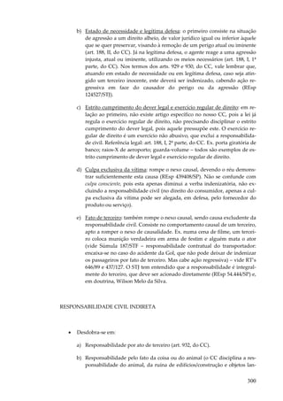 300
b) Estado de necessidade e legítima defesa: o primeiro consiste na situação
de agressão a um direito alheio, de valor jurídico igual ou inferior àquele
que se quer preservar, visando à remoção de um perigo atual ou iminente
(art. 188, II, do CC). Já na legítima defesa, o agente reage a uma agressão
injusta, atual ou iminente, utilizando os meios necessários (art. 188, I, 1ª
parte, do CC). Nos termos dos arts. 929 e 930, do CC, vale lembrar que,
atuando em estado de necessidade ou em legítima defesa, caso seja atin-
gido um terceiro inocente, este deverá ser indenizado, cabendo ação re-
gressiva em face do causador do perigo ou da agressão (REsp
124527/STJ).
c) Estrito cumprimento do dever legal e exercício regular de direito: em re-
lação ao primeiro, não existe artigo específico no nosso CC, pois a lei já
regula o exercício regular de direito, não precisando disciplinar o estrito
cumprimento do dever legal, pois aquele pressupõe este. O exercício re-
gular de direito é um exercício não abusivo, que exclui a responsabilida-
de civil. Referência legal: art. 188, I, 2ª parte, do CC. Ex. porta giratória de
banco; raios-X de aeroporto; guarda-volume – todos são exemplos de es-
trito cumprimento de dever legal e exercício regular de direito.
d) Culpa exclusiva da vítima: rompe o nexo causal, devendo o réu demons-
trar suficientemente esta causa (REsp 439408/SP). Não se confunde com
culpa consciente, pois esta apenas diminui a verba indenizatória, não ex-
cluindo a responsabilidade civil (no direito do consumidor, apenas a cul-
pa exclusiva da vítima pode ser alegada, em defesa, pelo fornecedor do
produto ou serviço).
e) Fato de terceiro: também rompe o nexo causal, sendo causa excludente da
responsabilidade civil. Consiste no comportamento causal de um terceiro,
apto a romper o nexo de causalidade. Ex. numa cena de filme, um tercei-
ro coloca munição verdadeira em arma de festim e alguém mata o ator
(vide Súmula 187/STF – responsabilidade contratual do transportador:
encaixa-se no caso do acidente da Gol, que não pode deixar de indenizar
os passageiros por fato de terceiro. Mas cabe ação regressiva) – vide RT’s
646/89 e 437/127. O STJ tem entendido que a responsabilidade é integral-
mente do terceiro, que deve ser acionado diretamente (REsp 54.444/SP) e,
em doutrina, Wilson Melo da Silva.
RESPONSABILIDADE CIVIL INDIRETA
• Desdobra-se em:
a) Responsabilidade por ato de terceiro (art. 932, do CC).
b) Responsabilidade pelo fato da coisa ou do animal (o CC disciplina a res-
ponsabilidade do animal, da ruína de edifícios/construção e objetos lan-
 