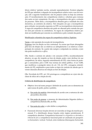 341
tência relativa’ (petição escrita, autuada separadamente). Existem julgados
do STJ que admitem a alegação de incompetência relativa sem o uso da exce-
ção, sob o seguinte fundamento: não há prejuízo (feita no bojo da contesta-
ção). O reconhecimento das competências relativa e absoluta gera remessa
dos autos ao juiz competente. Ou seja, a incompetência não gera a extinção
do processo. Além disso, a incompetência absoluta gera a nulidade dos atos
decisórios, ao contrário da relativa. Três situações em que a incompetência
gera extinção: nos juizados especiais; no STF; na incompetência internacional.
A regra de competência absoluta não pode ser alterada pela vontade das par-
tes nem por conexão ou continência. As regras de competência relativa po-
dem ser modificadas por conexão ou continência e pela vontade das partes.
Modificação voluntária das regras de competência relativa. Espécies:
Tácita: a não oposição da exceção de incompetência;
Expressa: foro de eleição ou foro contratual. As causas que ficam abrangidas
pelo foro de eleição são: as relativas ao adimplemento e as relativas à inter-
pretação do contrato. Se a parte não cumpre o estipulado no contrato, o juiz
não pode modificá-lo ex officio.
Obs. Sendo o contrato de adesão e de consumo (CDC), reconhecidamente
abusivo, no que diz respeito ao foro de eleição, pode o juiz declinar de sua
competência, de ofício, segundo entendimento do STJ, como forma de prote-
ger o consumidor, pois o CDC traz normas de ordem pública. A Lei 11280,
que modificou o parágrafo único do art. 112, do CPC, consagrou entendi-
mento do STJ, ampliando-o para todos os tipos de contrato de adesão que ti-
verem cláusulas abusivas em relação ao foro de eleição.
Obs. Novidade do CPC, art. 114: prorroga-se a competência se o juiz não de-
clinar de ofício até a citação do réu.
Critério de distribuição da competência
• Objetivo: leva tal nome porque é definido de acordo com os elementos da
ação (causa de pedir, partes e pedido).
a) Em razão da matéria: determinada de acordo com a natureza da rela-
ção jurídica discutida.
b) Em razão da pessoa: a presença de determinados litigantes define a
competência (Súmula 206, do STJ).
c) Em razão do valor: o valor define a competência.
• Funcional: diversas funções devem ser exercidas ao longo da marcha pro-
cessual. É a distribuição dessas funções entre órgãos jurisdicionais. É
competência absoluta. Competência funcional é a originária e a derivada; o
tribunal do júri; a competência funcional pode ser analisada em perspecti-
va horizontal e vertical. Vertical, entre instâncias (hierarquia); horizontal,
 