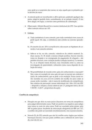 343
caso, pede-se a suspensão das causas, ou seja, aquela que se prejudica pe-
la decisão da outra.
• A conexão pode ser reconhecida ex officio pelo juiz, podendo qualquer das
partes alegá-la (pedido feito, normalmente, já na petição inicial). O réu
deve alegar, em regra, a conexão como preliminar de contestação.
• Observação: Alfredo Buzaid foi o mentor intelectual do CPC. Sua opinião
sobre conexão está no art. 103.
• Críticas:
a) Toda continência é uma conexão, pois toda continência tem causa de
pedir igual. Ou seja, a continência está contida na conexão (parado-
xo).
b) O conceito do art. 103 é exemplificativo; não exaure as hipóteses de co-
nexão; é um conceito mínimo.
c) Sabe-se se há, ou não, conexão, valendo-se do critério material. Ex.
duas causas, A e B, tendo a mesma relação jurídica, haverá conexão,
como no despejo e na consignação do pagamento de aluguéis – são
pedidos diversos, mas a relação jurídica (relação taxativa), é a mesma.
Ex. se as relações forem diversas, mas vinculadas entre si, como na
investigação de paternidade e alimentos (uma causa depende da so-
lução da outra).
d) Há possibilidade de reunião entre ações de conhecimento e execução?
Sim, como no exemplo de uma ação em que se executa um contrato e
outra, de conhecimento, que se pede a sua anulação. Essas causas se-
rão reunidas no juízo prevento (critério de escolha do juízo onde as
causas serão reunidas – não é causa de modificação da competência).
São critérios de prevenção: causas individuais (art. 106 e 219, do CPC
– despacho e citação); causas coletivas (art. 2º, parágrafo único, da Lei
7.347/85 – LACP – propositura da ação).
Conflito de competência
• Situação em que dois ou mais juízos discutem em torno da competência
para julgar determinada causa. Pode ser positivo ou negativo; para julgar
uma causa ou mais de uma causa. Pode ser suscitado pelas partes, pelo
MP ou pelos juízos. Incidente de intervenção obrigatória do MP (art. 117;
o conflito não pode ser suscitado simultaneamente, mas sucessivamente).
• Súmula 22, do STJ: entende que não há conflito entre órgãos que tenham
hierarquia diversa. Um juiz pode conflitar com o tribunal de outro Esta-
do, mas não do seu.
 