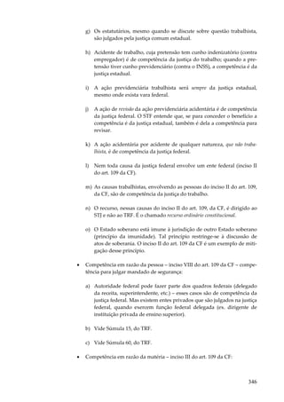 346
g) Os estatutários, mesmo quando se discute sobre questão trabalhista,
são julgados pela justiça comum estadual.
h) Acidente de trabalho, cuja pretensão tem cunho indenizatório (contra
empregador) é de competência da justiça do trabalho; quando a pre-
tensão tiver cunho previdenciário (contra o INSS), a competência é da
justiça estadual.
i) A ação previdenciária trabalhista será sempre da justiça estadual,
mesmo onde exista vara federal.
j) A ação de revisão da ação previdenciária acidentária é de competência
da justiça federal. O STF entende que, se para conceder o benefício a
competência é da justiça estadual, também é dela a competência para
revisar.
k) A ação acidentária por acidente de qualquer natureza, que não traba-
lhista, é de competência da justiça federal.
l) Nem toda causa da justiça federal envolve um ente federal (inciso II
do art. 109 da CF).
m) As causas trabalhistas, envolvendo as pessoas do inciso II do art. 109,
da CF, são de competência da justiça do trabalho.
n) O recurso, nessas causas do inciso II do art. 109, da CF, é dirigido ao
STJ e não ao TRF. É o chamado recurso ordinário constitucional.
o) O Estado soberano está imune à jurisdição de outro Estado soberano
(princípio da imunidade). Tal princípio restringe-se à discussão de
atos de soberania. O inciso II do art. 109 da CF é um exemplo de miti-
gação desse princípio.
• Competência em razão da pessoa – inciso VIII do art. 109 da CF – compe-
tência para julgar mandado de segurança:
a) Autoridade federal pode fazer parte dos quadros federais (delegado
da receita, superintendente, etc.) – esses casos são de competência da
justiça federal. Mas existem entes privados que são julgados na justiça
federal, quando exercem função federal delegada (ex. dirigente de
instituição privada de ensino superior).
b) Vide Súmula 15, do TRF.
c) Vide Súmula 60, do TRF.
• Competência em razão da matéria – inciso III do art. 109 da CF:
 