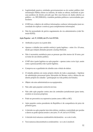52
• Legitimidade passiva: entidades governamentais ou de caráter público (Ad-
ministração Pública direta ou indireta, de todas as esferas, incluindo as pes-
soas jurídicas de direito privado que têm seus bancos de dados abertos ao
público – ex. SPC/SERASA; e também partidos políticos e universidades par-
ticulares.
• O HD tem o objetivo de retificar informações; conhecer informações (sem ne-
cessidade de explicar o motivo); para complementar informações.
• Não há necessidade de prévio esgotamento da via administrativa (vide Sú-
mula 02/STJ).
Ação Popular – art. 5º, LXXIII, da CF e Lei 4717/65.
• Atribuída ao povo ou à parte dele.
• Apenas o cidadão (em sentido estrito) é parte legítima – entre 16 e 18 anos,
desde que estejam alistados perante a Justiça Eleitoral.
• Não é necessário assistência para as pessoas que têm menos de 18 anos, por
se tratar de um direito político.
• O MP não é parte legítima na ação popular – apenas como custus legis, assim
como a pessoa jurídica não é parte legítima.
• Comprova-se a qualidade de cidadão com o título de eleitor.
• O cidadão pleiteia em nome próprio direito de toda a população – hipótese
de substituição processual (para Alexandre de Moraes, seria a defesa de um
direito próprio do cidadão – participação na vida política do Estado).
• Objeto: são atos administrativos ou equiparados.
• Não cabe ação popular contra lei em tese.
• Não cabe ação popular contra atos de conteúdos jurisdicionais (para tanto,
existem os recursos próprios).
• Pode ser preventiva ou repressiva (assim como o MS e o HC).
• Ação popular contra presidente da República é de competência do juízo de
primeiro grau.
• A decisão na ação popular tem dois efeitos: condena a autoridade por perdas
e danos ou pode apenas anular o ato (arts. 2º a 4º, da Lei 4.717/65).
• A decisão terá natureza condenatório-declaratória – se o ato é nulo.
• Terá natureza desconstitutiva-condenatória – se o ato é anulável.
 