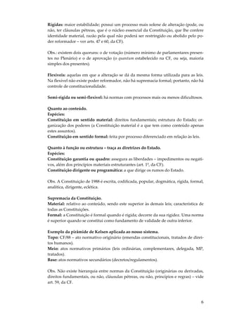 6
Rígidas: maior estabilidade; possui um processo mais solene de alteração (pode, ou
não, ter cláusulas pétreas, que é o núcleo essencial da Constituição, que lhe confere
identidade material, razão pela qual não poderá ser restringido ou abolido pelo po-
der reformador – ver arts. 47 e 60, da CF).
Obs.: existem dois quoruns: o de votação (número mínimo de parlamentares presen-
tes no Plenário) e o de aprovação (o quantum estabelecido na CF, ou seja, maioria
simples dos presentes).
Flexíveis: aquelas em que a alteração se dá da mesma forma utilizada para as leis.
Na flexível não existe poder reformador, não há supremacia formal; portanto, não há
controle de constitucionalidade.
Semi-rígida ou semi-flexível: há normas com processos mais ou menos dificultosos.
Quanto ao conteúdo.
Espécies:
Constituição em sentido material: direitos fundamentais; estrutura do Estado; or-
ganização dos poderes (a Constituição material é a que tem como conteúdo apenas
estes assuntos).
Constituição em sentido formal: feita por processo diferenciado em relação às leis.
Quanto à função ou estrutura – traça as diretrizes do Estado.
Espécies:
Constituição garantia ou quadro: assegura as liberdades – impedimentos ou negati-
vos, além dos princípios materiais estruturantes (art. 1º, da CF).
Constituição dirigente ou programática: a que dirige os rumos do Estado.
Obs. A Constituição de 1988 é escrita, codificada, popular, dogmática, rígida, formal,
analítica, dirigente, eclética.
Supremacia da Constituição.
Material: relativo ao conteúdo, sendo este superior às demais leis; característica de
todas as Constituições.
Formal: a Constituição é formal quando é rígida; decorre da sua rigidez. Uma norma
é superior quando se constitui como fundamento de validade de outra inferior.
Exemplo da pirâmide de Kelsen aplicada ao nosso sistema.
Topo: CF/88 – ato normativo originário (emendas constitucionais, tratados de direi-
tos humanos).
Meio: atos normativos primários (leis ordinárias, complementares, delegada, MP,
tratados).
Base: atos normativos secundários (decretos/regulamentos).
Obs. Não existe hierarquia entre normas da Constituição (originárias ou derivadas,
direitos fundamentais, ou não, cláusulas pétreas, ou não, princípios e regras) – vide
art. 59, da CF.
 