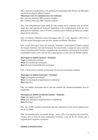 7
Obs.: entre lei complementar e lei ordinária há hierarquia? Há (Pontes de Miranda);
não há (Celso Bastos, Michel Temer).
Diferenças entre lei complementar e lei ordinária:
LC – quorum absoluto. LO – quorum simples.
LC – matéria reservada. LO – matéria residual.
Obs.: a lei complementar pode tratar de uma matéria de lei ordinária sem ser invali-
dada, por uma questão de economia legislativa. A lei complementar pode ser revo-
gada pela lei ordinária, caso a CF trate a matéria como residual, portanto de compe-
tência da lei ordinária.
Obs.: no Direito Tributário existe hierarquia entre LC e LO, segundo o STJ. Para o
STF não existe hierarquia entre tais leis, mesmo no Direito Tributário.
Obs.: existe hierarquia entre leis federais, estaduais e municipais? Existem campos
de atuação distintos, mas não hierarquia. Se uma invadir o campo da outra, será tida
como inconstitucional. Existem competências concorrentes, não havendo inconstitu-
cionalidade nesses casos: uma lei dita a regra geral e a outra atua em âmbito restrito.
Hierarquia no âmbito estadual – Pirâmide:
Topo: Constituição estadual.
Meio: Lei estadual/lei municipal.
Base: Decreto estadual/decreto municipal.
Obs.: o TJ só exerce controle concentrado em face da constituição estadual.
Hierarquia no âmbito municipal – Pirâmide:
Topo: Lei orgânica municipal.
Meio: Lei municipal (complementar e ordinária)
Base: Decretos.
Obs.: no âmbito municipal não se fala em controle de constitucionalidade, mas de
legalidade.
Hierarquia no âmbito do Distrito Federal – Pirâmide:
Topo: Lei orgânica do DF.
Meio: Leis distritais (complementares e ordinárias).
Base: Decretos.
Obs.: há, no DF, controle concentrado das leis distritais em face da lei orgânica (art.
30, da Lei 9868).
Obs.: há entendimento, no sentido de que , entre a CE e a lei orgânica não existe hie-
rarquia, pois se trata de entes autônomos. Contudo, o art. 29, da CF, mostra que a
segunda deve respeitar a primeira.
PODER CONSTITUINTE
 