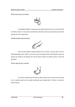 HENSHIN KARATE DOJO                                                AS ARMAS NO KARATE


5.3.9. KAKATO (CALCANHAR)




            O calcanhar (kakato) é usado para dar golpes tanto para trás como para frente
de forma circular. É uma arma extremamente eficiente contra um oponente que tente lhe
agarrar por trás ou pelo lado.

5.3.10. HAISOKU (PEITO DO PÉ)




            Para executar golpes usando haisoku deve-se esticar o pé para baixo com os
dedos apontando para o chão. Usa-se esta arma nos golpes diretos chicoteando a perna na
direção da virilha ou na direção do rosto de forma circular ou ainda no peito e costas do
oponente.

5.3.11. SOKUTO (FACA DO PÉ)




            No sokuto a borda do pé do lado do dedo mínimo serve como área de contato
com o oponente quer seja um golpe chicoteado quer empurrando. O sokuto é usado nos
chutes laterais.




CEFET-RN                              PROF. HENRIQUE                                 28
 