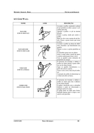 HENSHIN KARATE DOJO                                 TÉCNICAS DO KARATE



6.5. GERI WAZA
        NOME           GERI                        DESCRIÇÃO
                                        Levantar o joelho, mantendo a planta
                                        do pé paralela ao chão e puxar o cal-
                                        canhar para trás.
       MAE GERI                         Apontar o joelho e o pé na mesma
   (CHUTE FRONTAL)                      direção.
                                        Estirar a perna, tendo por centro o
                                        joelho.
                                        Bater no alvo com a ponta do pé (ko-
                                        shi). Puxar a perna assim que tocar
                                        no alvo.
                                        Levantar o joelho na altura do abdô-
                                        men, trazendo o pé lateralmente aos
                                        quadris.
     MAWASHI GERI                       Manter a coxa e a perna paralelas ao
   (CHUTE CIRCULAR)                     solo.
                                        O calcanhar quase toca no glúteo.
                                        Girar o corpo sobre a perna de apoio
                                        e estirar a perna para tocar o alvo.
                                        Usar os quadris como elemento de
                                        propulsão de energia.
                                        O processo de levantar e dobrar o
                                        joelho no chute lateral é quase idên-
                                        tico ao do chute frontal.
                                        Jogar os quadris lateralmente e a
      YOKO GERI
                                        partir daí esticar a perna.
    (CHUTE LATERAL)                     Tocar o alvo com a faca do pé (soku-
                                        to).
                                        A posição do joelho irá determinar se
                                        o chute será alto ou baixo.

                                        O processo de levantar e dobrar o
                                        joelho no chute para trás é idêntico
                                        ao do chute frontal.
      USHIRO GERI                       O golpe é desferido com o calcanhar
   (CHUTE PARA TRÁS)                    (kakato) e pode ser direcionado a
                                        qualquer parte do corpo.
                                        O golpe pode ser dado para frente,
                                        bastando apenas girar o corpo e exe-
                                        cutá-lo com precisão.




CEFET-RN               PROF. HENRIQUE                                   33
 