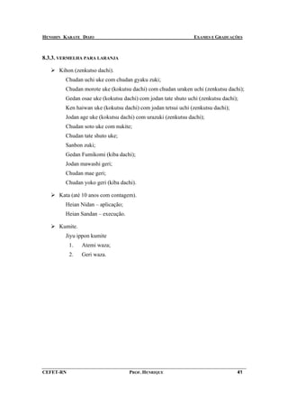 HENSHIN KARATE DOJO                                            EXAMES E GRADUAÇÕES



8.3.3. VERMELHA PARA LARANJA

      Kihon (zenkutso dachi).
        Chudan uchi uke com chudan gyaku zuki;
        Chudan morote uke (kokutsu dachi) com chudan uraken uchi (zenkutsu dachi);
        Gedan osae uke (kokutsu dachi) com jodan tate shuto uchi (zenkutsu dachi);
        Ken haiwan uke (kokutsu dachi) com jodan tetsui uchi (zenkutsu dachi);
        Jodan age uke (kokutsu dachi) com urazuki (zenkutsu dachi);
        Chudan soto uke com nukite;
        Chudan tate shuto uke;
        Sanbon zuki;
        Gedan Fumikomi (kiba dachi);
        Jodan mawashi geri;
        Chudan mae geri;
        Chudan yoko geri (kiba dachi).

      Kata (até 10 anos com contagem).
        Heian Nidan – aplicação;
        Heian Sandan – execução.

      Kumite.
        Jiyu ippon kumite
           1.   Atemi waza;
           2.   Geri waza.




CEFET-RN                           PROF. HENRIQUE                                41
 
