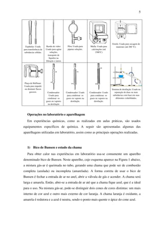5
Espátulas: Usada
para transferência de
substâncias sólidas.
Bastão de vidro:
Usado para agitar
soluções,
transporte de
líquidos na
filtração e outros
Pêra: Usada para
pipetar soluções.
Mufla: Usada para
calcinações (até
1500°C)
Estufa: Usada para secagem de
materiais (até 200 °C).
Pinça de Hoffman:
Usada para impedir
ou diminuir fluxos
gasosos. Condensador:
Usado para
condensar os
gases ou vapores
na destilação
Condensador: Usado
para condensar os
gases ou vapores na
destilação.
Condensador: Usado
para condensar os
gases ou vapores na
destilação.
Sistema de destilação: Usado na
separação de duas ou mais
substâncias com base em suas
diferentes volatilidades.
Operações no laboratório e aparelhagem
Em experiências químicas, como as realizadas em aulas práticas, são usados
equipamentos específicos de química. A seguir são apresentadas algumas das
aparelhagens utilizadas em laboratório, assim como as principais operações realizadas.
1) Bico de Bunsen e estudo da chama
Para obter calor nas experiências em laboratório usa-se comumente um aparelho
denominado bico de Bunsen. Neste aparelho, cujo esquema aparece na Figura 1 abaixo,
a mistura gás-ar é queimada no tubo, gerando uma chama que pode ser de combustão
completa (azulada) ou incompleta (amarelada). A forma correta de usar o bico de
Bunsen é fechar a entrada de ar no anel, abrir a válvula de gás e acender. A chama será
larga e amarela. Então, abre-se a entrada de ar até que a chama fique azul, que é a ideal
para o uso. Na mistura gás-ar, pode-se distinguir dois cones de cores distintas: um mais
interno de cor azul e outro mais externo de cor laranja. A chama laranja é oxidante, a
amarela é redutora e a azul é neutra, sendo o ponto mais quente o ápice do cone azul.
 