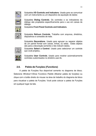 11

            Subpaleta I/O Controls and Indicators. Usada para se comunicar
            com um instrumento ou um dispositivo da aquisição de dados

            Subpaleta Dialog Controls. Os controles e os indicadores do
            diálogo são projetados especificamente para o uso em caixas de
            diálogo.
            Subpaleta Front Panel Controls and Indicators.


            Subpaleta Refnum Controls. Trabalha com arquivos, diretórios,
            dispositivos e conexões de rede.

            Subpaleta Decorations. Usado para agrupar ou separar objetos
            de um painel frontal com caixas, linhas, ou setas. Estes objetos
            são para a decoração somente e não indicam dados.
            Subpaleta Select a Control. Usado para selecionar um controle
            que você projetou.

            Subpaleta User Controls. Usado para mostrar automaticamente
            controles customisados no diretório user.lib.



   2.6.      Paleta de Funções (Functions)
      A paleta de Funções fica disponível somente no diagrama de bloco.
Selecione Window>>Show Functions Palette (Mostrar paleta de funções) ou
clique com o botão direito do mouse na área de trabalho do diagrama de bloco
para visualizar a paleta de Funções. Você pode colocar a paleta de Funções
em qualquer lugar da tela.
 