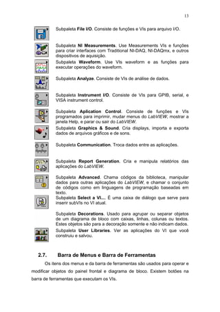 13

           Subpaleta File I/O. Consiste de funções e VIs para arquivo I/O.


           Subpaleta NI Measurements. Use Measurements VIs e funções
           para criar interfaces com Traditional NI-DAQ, NI-DAQmx, e outros
           dispositivos de aquisição.
           Subpaleta Waveform. Use VIs waveform e as funções para
           executar operações do waveform.

           Subpaleta Analyze. Consiste de VIs de análise de dados.


           Subpaleta Instrument I/O. Consiste de VIs para GPIB, serial, e
           VISA instrument control.

           Subpaleta Aplication Control. Consiste de funções e VIs
           programados para imprimir, mudar menus do LabVIEW, mostrar a
           janela Help, e parar ou sair do LabVIEW.
           Subpaleta Graphics & Sound. Cria displays, importa e exporta
           dados de arquivos gráficos e de sons.

           Subpaleta Communication. Troca dados entre as aplicações.


           Subpaleta Report Generation. Cria e manipula relatórios das
           aplicações do LabVIEW.

           Subpaleta Advanced. Chama códigos da biblioteca, manipular
           dados para outras aplicações do LabVIEW, e chamar o conjunto
           de códigos como em linguagens de programação baseadas em
           texto.
           Subpaleta Select a VI.... É uma caixa de diálogo que serve para
           inserir subVIs no VI atual.

           Subpaleta Decorations. Usado para agrupar ou separar objetos
           de um diagrama de bloco com caixas, linhas, colunas ou textos.
           Estes objetos são para a decoração somente e não indicam dados.
           Subpaleta User Libraries. Ver as aplicações do VI que você
           construiu e salvou.



   2.7.     Barra de Menus e Barra de Ferramentas
      Os itens dos menus e da barra de ferramentas são usados para operar e
modificar objetos do painel frontal e diagrama de bloco. Existem botões na
barra de ferramentas que executam os VIs.
 
