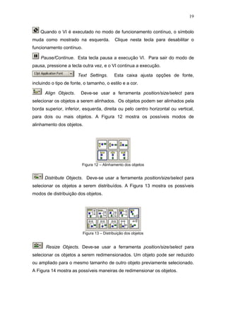 19


    Quando o VI é executado no modo de funcionamento contínuo, o símbolo
muda como mostrado na esquerda.             Clique nesta tecla para desabilitar o
funcionamento contínuo.

    Pause/Continue. Esta tecla pausa a execução VI. Para sair do modo de
pausa, pressione a tecla outra vez, e o VI continua a execução.

                       Text Settings.       Esta caixa ajusta opções de fonte,
incluindo o tipo de fonte, o tamanho, o estilo e a cor.

      Align Objects.     Deve-se usar a ferramenta position/size/select para
selecionar os objetos a serem alinhados. Os objetos podem ser alinhados pela
borda superior, inferior, esquerda, direita ou pelo centro horizontal ou vertical,
para dois ou mais objetos. A Figura 12 mostra os possíveis modos de
alinhamento dos objetos.




                         Figura 12 – Alinhamento dos objetos


      Distribute Objects. Deve-se usar a ferramenta position/size/select para
selecionar os objetos a serem distribuídos. A Figura 13 mostra os possíveis
modos de distribuição dos objetos.




                          Figura 13 – Distribuição dos objetos


       Resize Objects. Deve-se usar a ferramenta position/size/select para
selecionar os objetos a serem redimensionados. Um objeto pode ser reduzido
ou ampliado para o mesmo tamanho de outro objeto previamente selecionado.
A Figura 14 mostra as possíveis maneiras de redimensionar os objetos.
 