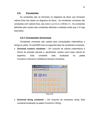 28


    4.5.         Constantes
       As constantes são os terminais no diagrama de bloco que fornecem
valores fixos dos dados ao diagrama de bloco. As constantes universais são
constantes com valores fixos, tais como o pi (π) e o infinito (∞). As constantes
definidas pelo usuário são constantes definidas e editadas antes que o VI seja
executado.


       4.5.1. Constantes Universais
       Constantes universais são usadas para computações matemáticas e
strings ou paths. O LabVIEW inclui os seguintes tipos de constantes universais:
•   Universal numeric constants – Um conjunto de valores matemáticos e
    físicos de precisão elevada e, geralmente, usados como base natural do
    logaritmo.      Esta   constante       está    localizada     na     paleta
    Functions>>Numeric>>Additional Numeric Constants.




                                    Figura 20


•   Universal string constants – Um conjunto de caracteres string. Esta
    constante localizada na paleta Functions>>String.
 