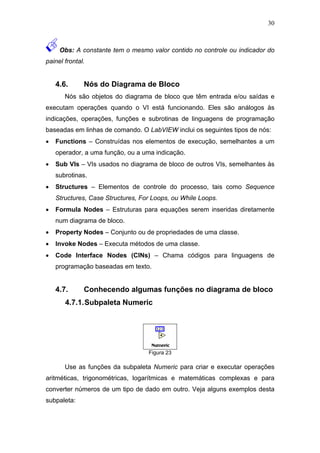 30



     Obs: A constante tem o mesmo valor contido no controle ou indicador do
painel frontal.


    4.6.      Nós do Diagrama de Bloco
       Nós são objetos do diagrama de bloco que têm entrada e/ou saídas e
executam operações quando o VI está funcionando. Eles são análogos às
indicações, operações, funções e subrotinas de linguagens de programação
baseadas em linhas de comando. O LabVIEW inclui os seguintes tipos de nós:
•   Functions – Construídas nos elementos de execução, semelhantes a um
    operador, a uma função, ou a uma indicação.
•   Sub VIs – VIs usados no diagrama de bloco de outros VIs, semelhantes às
    subrotinas.
•   Structures – Elementos de controle do processo, tais como Sequence
    Structures, Case Structures, For Loops, ou While Loops.
•   Formula Nodes – Estruturas para equações serem inseridas diretamente
    num diagrama de bloco.
•   Property Nodes – Conjunto ou de propriedades de uma classe.
•   Invoke Nodes – Executa métodos de uma classe.
•   Code Interface Nodes (CINs) – Chama códigos para linguagens de
    programação baseadas em texto.


    4.7.      Conhecendo algumas funções no diagrama de bloco
       4.7.1. Subpaleta Numeric




                                   Figura 23

       Use as funções da subpaleta Numeric para criar e executar operações
aritméticas, trigonométricas, logarítmicas e matemáticas complexas e para
converter números de um tipo de dado em outro. Veja alguns exemplos desta
subpaleta:
 