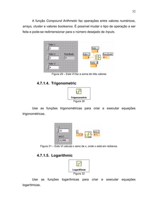 32

      A função Compound Arithmetic faz operações entre valores numéricos,
arrays, cluster e valores booleanos. É possível mudar o tipo de operação a ser
feita e pode-se redimensionar para o número desejado de Inputs.




                       Figura 29 – Este VI faz a soma de três valores


          4.7.1.4. Trigonometric



                                         Figura 30

      Use as funções trigonométricas para criar e executar equações
trigonométricas.




            Figura 31 – Este VI calcula o seno de x, onde x está em radianos.


          4.7.1.5. Logarithmic



                                         Figura 32

      Use       as   funções   logarítmicas     para    criar   e   executar    equações
logarítmicas.
 