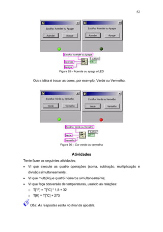 52




                         Figura 95 – Acende ou apaga o LED


       Outra idéia é trocar as cores, por exemplo, Verde ou Vermelho.




                           Figura 96 – Cor verde ou vermelha


                                   Atividades
Tente fazer as seguintes atividades:
•   VI que execute as quatro operações (soma, subtração, multiplicação e
    divisão) simultaneamente;
•   VI que multiplique quatro números simultaneamente;
•   VI que faça conversão de temperaturas, usando as relações:
    o T[°F] = T[°C] * 1,8 + 32
    o T[K] = T[°C] + 273

     Obs: As respostas estão no final da apostila.
 
