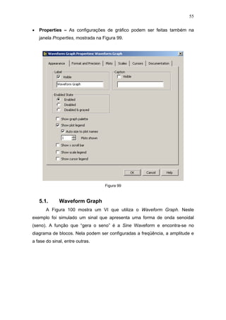 55


•   Properties – As configurações de gráfico podem ser feitas também na
    janela Properties, mostrada na Figura 99.




                                    Figura 99



    5.1.      Waveform Graph
       A Figura 100 mostra um VI que utiliza o Waveform Graph. Neste
exemplo foi simulado um sinal que apresenta uma forma de onda senoidal
(seno). A função que “gera o seno” é a Sine Waveform e encontra-se no
diagrama de blocos. Nela podem ser configuradas a freqüência, a amplitude e
a fase do sinal, entre outras.
 