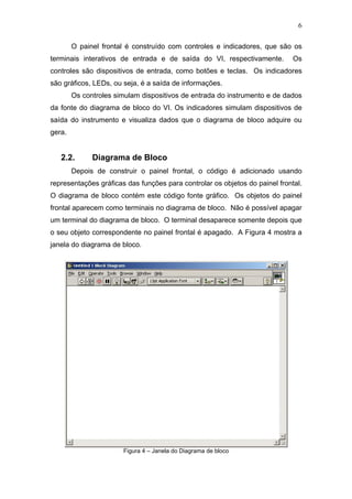 6

        O painel frontal é construído com controles e indicadores, que são os
terminais interativos de entrada e de saída do VI, respectivamente.          Os
controles são dispositivos de entrada, como botões e teclas. Os indicadores
são gráficos, LEDs, ou seja, é a saída de informações.
        Os controles simulam dispositivos de entrada do instrumento e de dados
da fonte do diagrama de bloco do VI. Os indicadores simulam dispositivos de
saída do instrumento e visualiza dados que o diagrama de bloco adquire ou
gera.


   2.2.       Diagrama de Bloco
        Depois de construir o painel frontal, o código é adicionado usando
representações gráficas das funções para controlar os objetos do painel frontal.
O diagrama de bloco contém este código fonte gráfico. Os objetos do painel
frontal aparecem como terminais no diagrama de bloco. Não é possível apagar
um terminal do diagrama de bloco. O terminal desaparece somente depois que
o seu objeto correspondente no painel frontal é apagado. A Figura 4 mostra a
janela do diagrama de bloco.




                       Figura 4 – Janela do Diagrama de bloco
 