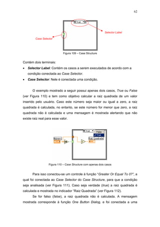 62




                                                              Selector Label

         Case Selector




                              Figura 109 – Case Structure


Contém dois terminais:
•   Selector Label: Contém os casos a serem executados de acordo com a
    condição conectada ao Case Selector.
•   Case Selector: Nele é conectada uma condição.


       O exemplo mostrado a seguir possui apenas dois casos, True ou False
(ver Figura 110) e tem como objetivo calcular a raiz quadrada de um valor
inserido pelo usuário. Caso este número seja maior ou igual a zero, a raiz
quadrada é calculada, no entanto, se este número for menor que zero, a raiz
quadrada não é calculada e uma mensagem é mostrada alertando que não
existe raiz real para esse valor.




                   Figura 110 – Case Structure com apenas dois casos


       Para isso conectou-se um controle à função “Greater Or Equal To 0?”, a
qual foi conectada ao Case Selector do Case Structure, para que a condição
seja analisada (ver Figura 111). Caso seja verdade (true) a raiz quadrada é
calculada e mostrada no indicador “Raiz Quadrada” (ver Figura 112).
       Se for falso (false), a raiz quadrada não é calculada. A mensagem
mostrada corresponde à função One Button Dialog, e foi conectada a uma
 