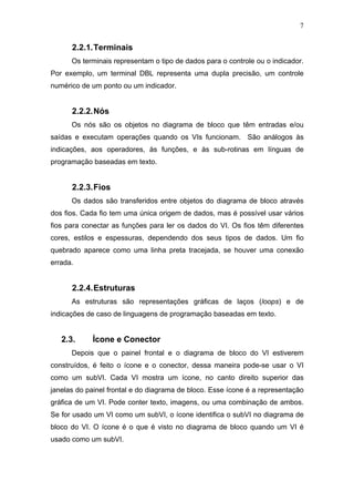 7


      2.2.1. Terminais
      Os terminais representam o tipo de dados para o controle ou o indicador.
Por exemplo, um terminal DBL representa uma dupla precisão, um controle
numérico de um ponto ou um indicador.


      2.2.2. Nós
      Os nós são os objetos no diagrama de bloco que têm entradas e/ou
saídas e executam operações quando os VIs funcionam. São análogos às
indicações, aos operadores, às funções, e às sub-rotinas em línguas de
programação baseadas em texto.


      2.2.3. Fios
      Os dados são transferidos entre objetos do diagrama de bloco através
dos fios. Cada fio tem uma única origem de dados, mas é possível usar vários
fios para conectar as funções para ler os dados do VI. Os fios têm diferentes
cores, estilos e espessuras, dependendo dos seus tipos de dados. Um fio
quebrado aparece como uma linha preta tracejada, se houver uma conexão
errada.


      2.2.4. Estruturas
      As estruturas são representações gráficas de laços (loops) e de
indicações de caso de linguagens de programação baseadas em texto.


   2.3.     Ícone e Conector
      Depois que o painel frontal e o diagrama de bloco do VI estiverem
construídos, é feito o ícone e o conector, dessa maneira pode-se usar o VI
como um subVI. Cada VI mostra um ícone, no canto direito superior das
janelas do painel frontal e do diagrama de bloco. Esse ícone é a representação
gráfica de um VI. Pode conter texto, imagens, ou uma combinação de ambos.
Se for usado um VI como um subVI, o ícone identifica o subVI no diagrama de
bloco do VI. O ícone é o que é visto no diagrama de bloco quando um VI é
usado como um subVI.
 
