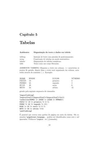 Cap´ıtulo 5
Tabelas
Ambientes Organiza¸c˜ao do texto e dados em tabela
tabbing Inser¸c˜ao de texto com paradas de posicionamento.
array Constru¸c˜ao de tabelas em modo matem´atico.
tabular Organiza¸c˜ao de tabelas complexas.
table Trata como um corpo ﬂutuante.
AMBIENTE TABBING: Organiza o texto em colunas, = caracteriza os
pontos de parada, depois disso o texto ser´a organizado em colunas, aces-
sadas atrav´es do comando  >. Exemplo:
NOME IDADE LUGAR N´UMERO
PAULO 19 primeiro 3
PEDRO 45 segundo 4
RUAN 20 sexto 9
BETO 34 s´etimo 12
gerado pela seguinte sequencia de comandos:
begin{tabbing}
hspace{2cm}=hspace{5cm}=hspace{4cm}=kill
underline{NOME} > IDADE > LUGAR > N´UMERO
PAULO > 19 > primeiro > 3 
PEDRO > 45 > segundo > 4
RUAN > 20 > sexto > 9 
BETO > 34 > s´etimo >12
end{tabbing}
´E possivel que ocorra uma quebra de p´agina em meio da tabela. Os co-
mandos pagebreak,newpage, podem ser identiﬁcados como erro e at´e
ignorados. Utiliza-se vspace ou [tamanho].
19
 
