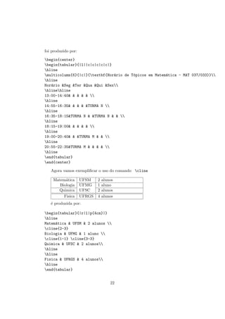 foi produzido por:
begin{center}
begin{tabular}{|l||c|c|c|c|c|}
hline
multicolumn{6}{|c|}{textbf{Hor´ario de T´opicos em Matem´atica - MAT 037/033}}
hline
Hor´ario &Seg &Ter &Qua &Qui &Sex
hlinehline
13:00-14:40& & & & & 
hline
14:55-16:35& & & & &TURMA N 
hline
16:35-18:15&TURMA N & &TURMA N & & 
hline
18:15-19:00& & & & & 
hline
19:00-20:40& & &TURMA M & & 
hline
20:55-22:35&TURMA M & & & & 
hline
end{tabular}
end{center}
Agora vamos exempliﬁcar o uso do comando cline
Matem´atica UFSM 2 alunos
Biologia UFMG 1 aluno
Quimica UFSC 2 alunos
Fisica UFRGS 4 alunos
´e produzida por:
begin{tabular}{|r|l|p{4cm}|}
hline
Matem´atica & UFSM & 2 alunos 
cline{2-3}
Biologia & UFMG & 1 aluno 
cline{1-1} cline{3-3}
Quimica & UFSC & 2 alunos
hline
hline
Fisica & UFRGS & 4 alunos
hline
end{tabular}
22
 