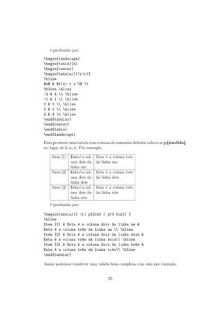 ´e produzido por:
begin{landscape}
begin{table}[h]
begin{center}
begin{tabular}{|c|c|}
hline
$x$ & $f(x) = x^2$ 
hline hline
-2 & 4  hline
-1 & 1  hline
0 & 0  hline
1 & 1  hline
2 & 4  hline
end{tabular}
end{center}
end{table}
end{landscape}
Para produzir uma tabela com colunas de tamanho deﬁnido coloca-se p{medida}
no lugar de l, c, r. Por exemplo:
Item [1] Esta ´e a col-
una dois da
linha um
Esta ´e a coluna trˆes
da linha um
Item [2] Esta ´e a col-
una dois da
linha dois
Esta ´e a coluna trˆes
da linha dois
Item [3] Esta ´e a col-
una dois da
linha trˆes
Esta ´e a coluna trˆes
da linha trˆes
´e produzida por:
begin{tabular}{ |c| p{2cm} | p{3.5cm}| }
hline
Item [1] & Esta ´e a coluna dois da linha um &
Esta ´e a coluna tr^es da linha um  hline
Item [2] & Esta ´e a coluna dois da linha dois &
Esta ´e a coluna tr^es da linha dois hline
Item [3] & Esta ´e a coluna dois da linha tr^es &
Esta ´e a coluna tr^es da linha tr^es hline
end{tabular}
Assim podemos construir uma tabela bem complexa com esta por exemplo:
25
 
