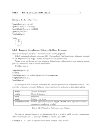 CAP. 5 • FIGURAS E ALGUMAS DICAS 41
Exemplo 5.1.1. C´odigo-Fonte:
begin{picture}(40,40)
put(20,20){circle{40}}
put(20,20){line(0,1){20}}
put(25,25){$r$}
end{picture}
Sa´ıda:
&%
'$
r
5.1.3 Imagens Geradas por Editores Gr´aﬁcos Externos
Para inserir imagens externas, ´e necess´ario usar o pacote graphicx.
O TEX suporta oﬁcialmente o formato EPS (Encapsulated Post Script) que ´e o formato reduzido
do PS. Dependendo do LATEX, podem ser suportadas imagens bitmap.
Vamos gerar um documento com a imagem distancia.eps. A ﬁgura deve estar salva na mesma
pasta do documento onde a mesma ser´a inserida.
O c´odigo-fonte ´e:
begin{figure}[hp]
center
includegraphics[width=0.5textwidth]{distancia}
caption{Dist^ancia}
end{figure}
No exemplo acima, a largura da imagem foi ajustada para metade da largura do texto. Para
controlar o tamanho e rota¸c˜ao da ﬁgura, usamos parˆametros opcionais no includegraphics.
width Largura da imagem
height Altura da imagem
scale Amplia¸c˜ao
angle Rota¸c˜ao - em graus
keepaspectratio Mant´em a propor¸c˜ao quando height e width forem especiﬁcados simul-
taneamente (usado sem o valor).
Tabela 5.2: Parˆametros Adicionais para Figuras
No caso de imagem bitmap, ´e obrigat´orio especiﬁcar o height e width por n˜ao conseguirmos
obter seu tamanho real. O keepaspectratio s´o funciona para EPS.
Exemplo 5.1.2. Digite o seguinte c´odigo-fonte, compile e veja a sa´ıda:
 