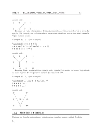 CAP. 10 • DIAGRAMAS, TABELAS, CAIXAS GR´AFICAS 64
A sa´ıda ser´a:
1 2 3 4
5 6
ddÐÐÐÐÐÐÐ
7 8
Podemos ter v´arias setas partindo de uma mesma entrada. S´o devemos observar se a seta faz
sentido. Por exemplo, n˜ao podemos colocar na primeira entrada da matriz uma seta `a esquerda.
Veja o exemplo abaixo.
Exemplo 10.1.2. Digite e compile:
xymatrix{1 & 2 & 3 & 4 
5 & 6 ar[ru] ar[lu] ar[d] & 7 & 8 
9 & 10 & 11 & 12  }
A sa´ıda ser´a:
1 2 3 4
5 6
aa||||||||
••dddddddd

7 8
9 10 11 12
Podemos deixar, propositalmente, uma(ou mais) entrada(s) da matriz em branco, dependendo
do nosso objetivo. S´o n˜ao podemos esquecer dos s´ımbolos  e .
Exemplo 10.1.3. Digite e compile:
xymatrix{X ar[ddr]   Yar[ddl] 
Z  W  R 
P  Q  O  }
A sa´ıda ser´a:
X
$$HHHHHHHHHHHHHH Y
××
Z W R
P Q O
10.2 S´ımbolos e F´ormulas
Podemos ter f´ormulas matem´aticas e s´ımbolos como entradas, sem necessidade de digitar
$.
 