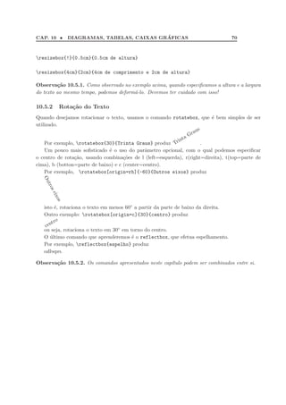 CAP. 10 • DIAGRAMAS, TABELAS, CAIXAS GR´AFICAS 70
resizebox{!}{0.5cm}{0.5cm de altura}
resizebox{4cm}{2cm}{4cm de comprimento e 2cm de altura}
Observa¸c˜ao 10.5.1. Como observado no exemplo acima, quando especiﬁcamos a altura e a largura
do texto ao mesmo tempo, podemos deform´a-lo. Devemos ter cuidado com isso!
10.5.2 Rota¸c˜ao do Texto
Quando desejamos rotacionar o texto, usamos o comando rotatebox, que ´e bem simples de ser
utilizado.
Por exemplo, rotatebox{30}{Trinta Graus} produz Trinta Graus
.
Um pouco mais soﬁsticado ´e o uso do parˆametro opcional, com o qual podemos especiﬁcar
o centro de rota¸c˜ao, usando combina¸c˜oes de l (left=esquerda), r(right=direita), t(top=parte de
cima), b (botton=parte de baixo) e c (center=centro).
Por exemplo, rotatebox[origin=rb]{-60}{Outros eixos} produz
Outroseixos
isto ´e, rotaciona o texto em menos 60◦ a partir da parte de baixo da direita.
Outro exemplo: rotatebox[origin=c]{30}{centro} produz
centro
ou seja, rotaciona o texto em 30◦ em torno do centro.
O ´ultimo comando que aprenderemos ´e o reflectbox, que efetua espelhamento.
Por exemplo, reflectbox{espelho} produz
espelho .
Observa¸c˜ao 10.5.2. Os comandos apresentados neste cap´ıtulo podem ser combinados entre si.
 