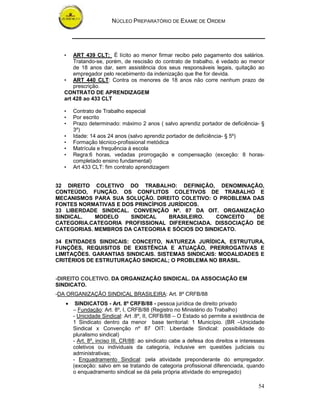 NÚCLEO PREPARATÓRIO DE EXAME DE ORDEM




   •   ART 439 CLT: È lícito ao menor firmar recibo pelo pagamento dos salários.
       Tratando-se, porém, de rescisão do contrato de trabalho, é vedado ao menor
       de 18 anos dar, sem assistência dos seus responsáveis legais, quitação ao
       empregador pelo recebimento da indenização que lhe for devida.
   • ART 440 CLT: Contra os menores de 18 anos não corre nenhum prazo de
       prescrição.
   CONTRATO DE APRENDIZAGEM
   art 428 ao 433 CLT

   •   Contrato de Trabalho especial
   •   Por escrito
   •   Prazo determinado: máximo 2 anos ( salvo aprendiz portador de deficiência- §
       3º)
   •   Idade: 14 aos 24 anos (salvo aprendiz portador de deficiência- § 5º)
   •   Formação técnico-profissional metódica
   •   Matrícula e frequência à escola
   •   Regra:6 horas, vedadas prorrogação e compensação (exceção: 8 horas-
       completado ensino fundamental)
   •   Art 433 CLT: fim contrato aprendizagem


32 DIREITO COLETIVO DO TRABALHO: DEFINIÇÃO, DENOMINAÇÃO,
CONTEÚDO, FUNÇÃO. OS CONFLITOS COLETIVOS DE TRABALHO E
MECANISMOS PARA SUA SOLUÇÃO. DIREITO COLETIVO: O PROBLEMA DAS
FONTES NORMATIVAS E DOS PRINCÍPIOS JURÍDICOS.
33 LIBERDADE SINDICAL. CONVENÇÃO Nº. 87 DA OIT. ORGANIZAÇÃO
SINDICAL.   MODELO    SINDICAL     BRASILEIRO.   CONCEITO  DE
CATEGORIA.CATEGORIA PROFISSIONAL DIFERENCIADA. DISSOCIAÇÃO DE
CATEGORIAS. MEMBROS DA CATEGORIA E SÓCIOS DO SINDICATO.

34 ENTIDADES SINDICAIS: CONCEITO, NATUREZA JURÍDICA, ESTRUTURA,
FUNÇÕES, REQUISITOS DE EXISTÊNCIA E ATUAÇÃO, PRERROGATIVAS E
LIMITAÇÕES. GARANTIAS SINDICAIS. SISTEMAS SINDICAIS: MODALIDADES E
CRITÉRIOS DE ESTRUTURAÇÃO SINDICAL; O PROBLEMA NO BRASIL.


-DIREITO COLETIVO. DA ORGANIZAÇÃO SINDICAL. DA ASSOCIAÇÃO EM
SINDICATO.
-DA ORGANIZAÇÃO SINDICAL BRASILEIRA: Art. 8º CRFB/88
   •    SINDICATOS - Art. 8º CRFB/88 - pessoa jurídica de direito privado
       – Fundação: Art. 8º, I, CRFB/88 (Registro no Ministério do Trabalho)
       - Unicidade Sindical: Art .8º, II, CRFB/88 – O Estado só permite a existência de
       1 Sindicato dentro da menor base territorial: 1 Município. (BR –Unicidade
       Sindical x Convenção nº 87 OIT: Liberdade Sindical: possibilidade do
       pluralismo sindical)
       - Art. 8º, inciso III, CR/88: ao sindicato cabe a defesa dos direitos e interesses
       coletivos ou individuais da categoria, inclusive em questões judiciais ou
       administrativas;
       - Enquadramento Sindical: pela atividade preponderante do empregador.
       (exceção: salvo em se tratando de categoria profissional diferenciada, quando
       o enquadramento sindical se dá pela própria atividade do empregado)

                                                                                      54
 