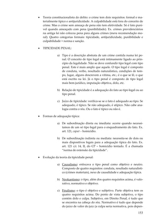 •

Teoria constitucionalista do delito: o crime tem dois requisitos: formal e materialmente típico e antijuridicidade. A culpabilidade está fora do conceito de
crime. Mas o crime sem ameaça de pena não tem efetividade. Só é fato punível quando ameaçado com pena (punibilidade). Ex. crimes previdenciários
na antiga lei não colocou pena para alguns crimes (mera recomendação moral). Quatro categorias formais: tipicidade, antijuridicidade, punibilidade e
culpabilidade + norma e sanção.

•

TIPICIDADE PENAL:
a) Tipo é a descrição abstrata de um crime contida numa lei penal. O conceito de tipo legal está intimamente ligado ao princípio da legalidade. Não se deve confundir tipo legal com tipo
penal. Este é mais amplo que aquele. O tipo legal é composto
de conduta, verbo, resultado naturalístico, condições de tempo, lugar, alguns descrevem a vítima, etc.; é o que se lê, o que
está escrito na lei. Já o tipo penal é composto de tipo legal
mais bem jurídico, imputação objetiva, dolo, etc.
b) Relação de tipicidade é a adequação do fato ao tipo legal ou ao
tipo penal.
c) Juízo de tipicidade: verifica-se se o fato é adequado ao tipo. Se
adequado, é típico. Se não adequado, é atípico. Não cabe analogia contra o réu. Ou o fato é típico ou não é.

•

Formas de adequação típica:
a) De subordinação direta ou imediata: ocorre quando necessitamos de um só tipo legal para o enquadramento do fato. Ex.
art. 121, caput – homicídio.
b) De subordinação indireta ou mediata: necessita-se de dois ou
mais dispositivos legais para a adequação típica do fato. Ex.
art. 121 c/c 14, II, do CP – homicídio tentado. É a chamada
“norma de extensão da tipicidade”.

•

Evolução da teoria da tipicidade penal:
a) Causalismo: enfocava o tipo penal como objetivo e neutro.
Composto de quatro requisitos: conduta, resultado naturalístico (crimes materiais), nexo de causalidade e adequação típica.
b) Neokantismo: o tipo, além dos quatro requisitos acima, é valorativo, normativo e objetivo.
c) Finalismo: o tipo é objetivo e subjetivo. Parte objetiva tem os
quatro requisitos acima. Do ponto de vista subjetivo, o tipo
contém dolo e culpa. Subjetivo, em Direito Penal, é tudo que
se encontra na cabeça do réu. Normativo é tudo que depende
do juízo de valor do juiz (a culpa seria normativa, pois depen-

153

 