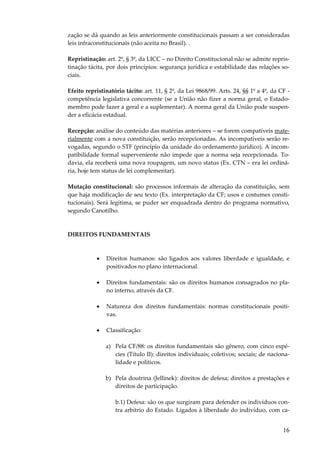 zação se dá quando as leis anteriormente constitucionais passam a ser consideradas
leis infraconstitucionais (não aceita no Brasil). .
Repristinação: art. 2º, § 3º, da LICC – no Direito Constitucional não se admite repristinação tácita, por dois princípios: segurança jurídica e estabilidade das relações sociais.
Efeito repristinatório tácito: art. 11, § 2º, da Lei 9868/99. Arts. 24, §§ 1º a 4º, da CF competência legislativa concorrente (se a União não fizer a norma geral, o Estadomembro pode fazer a geral e a suplementar). A norma geral da União pode suspender a eficácia estadual.
Recepção: análise do conteúdo das matérias anteriores – se forem compatíveis materialmente com a nova constituição, serão recepcionadas. As incompatíveis serão revogadas, segundo o STF (princípio da unidade do ordenamento jurídico). A incompatibilidade formal superveniente não impede que a norma seja recepcionada. Todavia, ela receberá uma nova roupagem, um novo status (Ex. CTN – era lei ordinária, hoje tem status de lei complementar).
Mutação constitucional: são processos informais de alteração da constituição, sem
que haja modificação de seu texto (Ex. interpretação da CF; usos e costumes constitucionais). Será legítima, se puder ser enquadrada dentro do programa normativo,
segundo Canotilho.

DIREITOS FUNDAMENTAIS

•

Direitos humanos: são ligados aos valores liberdade e igualdade, e
positivados no plano internacional.

•

Direitos fundamentais: são os direitos humanos consagrados no plano interno, através da CF.

•

Natureza dos direitos fundamentais: normas constitucionais positivas.

•

Classificação:
a) Pela CF/88: os direitos fundamentais são gênero, com cinco espécies (Título II): direitos individuais; coletivos; sociais; de nacionalidade e políticos.
b) Pela doutrina (Jellinek): direitos de defesa; direitos a prestações e
direitos de participação.
b.1) Defesa: são os que surgiram para defender os indivíduos contra arbítrio do Estado. Ligados à liberdade do indivíduo, com ca-

16

 