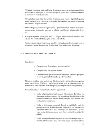 •

Violência esportiva: toda violência, dentro das regras, cria riscos permitidos,
não havendo fato típico. A doutrina antiga diz que o tema violência esportiva
é exclusão de antijuridicidade.

•

Cirurgia bem sucedida: é exercício de direito, que exclui a tipicidade para a
doutrina nova, pois cria riscos permitidos. Para a doutrina antiga, trata-se de
exclusão da antijuridicidade.

•

O marido pode praticar estupro contra a própria mulher, embora o sexo seja
um dever do casamento. Mas não se admite a violência e a imposição do sexo.

•

Castigos impostos pelos pais: pelo CP, os pais têm direito de correção, sem
abuso. Por ser liberdade de ação, exclui a tipicidade.

•

Trotes escolares: por tratar-se de questões culturais, admite-se se não houver
abuso ou excesso. Por se tratar de liberdade de ação, exclui a tipicidade.

ESTRITO CUMPRIMENTO DE DEVER LEGAL

•

Requisitos:
a) Cumprimento de um dever imposto por lei.
b) Cumprimento estrito, sem abuso.
c) Consciência de que exercita um direito (ex. policial que prende em flagrante; testemunha que depõe, etc.).

•

Natureza jurídica: para a doutrina clássica, exclui a antijuridicidade; para a
doutrina moderna (Zaffaroni), exclui a tipicidade, pois se há uma norma determinando uma conduta, outra não pode proibir (tipicidade conglobante).

•

Consentimento do ofendido (da vítima) – é possível:
a) Exclui a tipicidade formal: quando há anuência da vítima e o
tipo exige o dissentimento. Ex. invasão de domicílio (se o dono não dissente, não haverá crime); estupro (se a mulher consente, não haverá crime).
b) Exclui a tipicidade material: Exclui a tipicidade material
quando se trata de bem jurídico disponível e a vítima dá o
consentimento válido. Ex. destruição do patrimônio. A doutrina antiga dizia que, neste caso, ficava excluída a antijuridicidade.
c) Exclui a antijuridicidade: quando se trata de bem jurídico extremamente relevante para o ser humano; o consentimento da

172

 