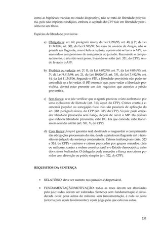 como as hipóteses trazidas no citado dispositivo, não se trata de liberdade provisória, pois não impõem condições, embora o capítulo do CPP fale em liberdade provisória no seu título.
Espécies de liberdade provisória:
a) Obrigatória: art. 69, parágrafo único, da Lei 9.099/95; art. 48, § 2º, da Lei
11.343/06; art. 301, da Lei 9.503/97. No caso de usuário de drogas, não se
prende em flagrante, mas é feita a captura, apenas não se lavra o APF, assumindo o compromisso de comparecer ao juizado. Recusando o comparecimento, o réu não será preso, livrando-se solto (art. 321, do CPP), sendo lavrado o APF.
b) Proibida ou vedada: art. 2º, II, da Lei 8.072/90; art. 7º, da Lei 9.034/95; art.
3º, da Lei 9.613/98; art. 21, da Lei 10.826/03; art. 331, da Lei 7.492/86; art.
44, da Lei 11.343/06. Segundo o STF, a liberdade provisória não pode ser
concedida se a lei vedar. O STJ entende que, para vedar a liberdade provisória, deverá estar presente um dos requisitos que autorize a prisão
preventiva.
c) Sem fiança: se o juiz verificar que o agente praticou o fato acobertado por
uma excludente de ilicitude (art. 310, caput, do CPP). Crimes contra a economia popular ou sonegação fiscal não são passíveis de aplicação do
art. 310, parágrafo único, do CPP (art. 325, do CPP). Só juiz pode conceder liberdade provisória sem fiança, depois de ouvir o MP. Da decisão
que indefere liberdade provisória, cabe HC. Da que concede, cabe Recurso em sentido estrito (art. 581, V, do CPP).
d) Com fiança: fiança é garantia real, destinada a resguardar o cumprimento
das obrigações processuais do réu, desde a prisão em flagrante até o trânsito em julgado da sentença condenatória. Crimes inafiançáveis (arts. 323
e 324, do CPP) – racismo e crimes praticados por grupos armados, civis
ou militares, contra a ordem constitucional e o Estado democrático, além
dos crimes hediondos. O delegado pode conceder a fiança nos crimes punidos com detenção ou prisão simples (art. 322, do CPP).

REQUISITOS DA SENTENÇA

•

RELATÓRIO: deve ser sucinto; nos juizados é dispensável.

•

FUNDAMENTAÇÃO/MOTIVAÇÃO: todas as teses devem ser abordadas
pelo juiz; todas devem ser valoradas. Sentença sem fundamentação é considerada vazia; pena acima do mínimo, sem fundamentação, é nula no ponto
(retorna para o juiz fundamentar); o juiz julga pelo que está nos autos.

251

 