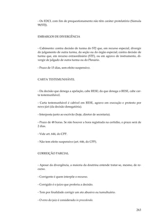 - Os EDCL com fim de prequestionamento não têm caráter protelatório (Súmula
98/STJ).

EMBARGOS DE DIVERGÊNCIA

- Cabimento: contra decisão de turma do STJ que, em recurso especial, divergir
do julgamento de outra turma, da seção ou do órgão especial; contra decisão de
turma que, em recurso extraordinário (STF), ou em agravo de instrumento, divergir de julgado de outra turma ou do Plenário.
- Prazo de 15 dias, sem efeito suspensivo.

CARTA TESTEMUNHÁVEL

- Da decisão que denega a apelação, cabe RESE; da que denega o RESE, cabe carta testemunhável.
- Carta testemunhável é cabível em RESE, agravo em execução e protesto por
novo júri (da decisão denegatória).
- Interposta junto ao escrivão (hoje, diretor de secretaria).
- Prazo de 48 horas. Se não houver a hora registrada na certidão, o prazo será de
2 dias.
- Vide art. 644, do CPP.
- Não tem efeito suspensivo (art. 646, do CPP).

CORREIÇÃO PARCIAL

- Apesar da divergência, a maioria da doutrina entende tratar-se, mesmo, de recurso.
- Corrigente é quem interpõe o recurso.
- Corrigido é o juízo que proferiu a decisão.
- Tem por finalidade corrigir um ato abusivo ou tumultuário.
- O erro do juiz é considerado in procedendo.

263

 