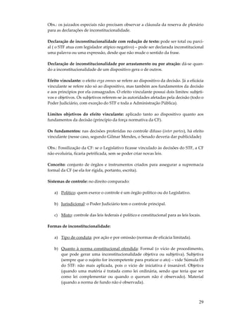 Obs.: os juizados especiais não precisam observar a cláusula da reserva de plenário
para as declarações de inconstitucionalidade.
Declaração de inconstitucionalidade com redução de texto: pode ser total ou parcial ( o STF atua com legislador atípico negativo) – pode ser declarada inconstitucional
uma palavra ou uma expressão, desde que não mude o sentido da frase.
Declaração de inconstitucionalidade por arrastamento ou por atração: dá-se quando a inconstitucionalidade de um dispositivo gera o de outros.
Efeito vinculante: o efeito erga omnes se refere ao dispositivo da decisão. Já a eficácia
vinculante se refere não só ao dispositivo, mas também aos fundamentos da decisão
e aos princípios por ela consagrados. O efeito vinculante possui dois limites: subjetivos e objetivos. Os subjetivos referem-se às autoridades afetadas pela decisão (todo o
Poder Judiciário, com exceção do STF e toda a Administração Pública).
Limites objetivos do efeito vinculante: aplicado tanto ao dispositivo quanto aos
fundamentos da decisão (princípio da força normativa da CF).
Os fundamentos: nas decisões proferidas no controle difuso (inter partes), há efeito
vinculante (nesse caso, segundo Gilmar Mendes, o Senado deveria dar publicidade)
Obs.: Fossilização da CF: se o Legislativo ficasse vinculado às decisões do STF, a CF
não evoluiria, ficaria petrificada, sem se poder criar novas leis.
Conceito: conjunto de órgãos e instrumentos criados para assegurar a supremacia
formal da CF (se ela for rígida, portanto, escrita).
Sistemas de controle: no direito comparado:
a) Político: quem exerce o controle é um órgão político ou do Legislativo.
b) Jurisdicional: o Poder Judiciário tem o controle principal.
c) Misto: controle das leis federais é político e constitucional para as leis locais.
Formas de inconstitucionalidade:
a) Tipo de conduta: por ação e por omissão (normas de eficácia limitada).
b) Quanto à norma constitucional ofendida: Formal (o vício de procedimento,
que pode gerar uma inconstitucionalidade objetiva ou subjetiva). Subjetiva
(sempre que o sujeito for incompetente para praticar o ato) – vide Súmula 05
do STF: não mais aplicada, pois o vício de iniciativa é insanável. Objetiva
(quando uma matéria é tratada como lei ordinária, sendo que teria que ser
como lei complementar ou quando o quorum não é observado). Material
(quando a norma de fundo não é observada).

29

 