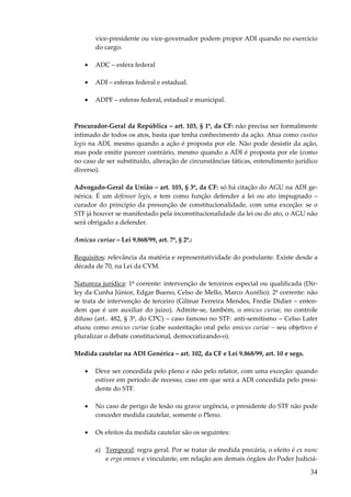 vice-presidente ou vice-governador podem propor ADI quando no exercício
do cargo.
•

ADC – esfera federal

•

ADI – esferas federal e estadual.

•

ADPF – esferas federal, estadual e municipal.

Procurador-Geral da República – art. 103, § 1º, da CF: não precisa ser formalmente
intimado de todos os atos, basta que tenha conhecimento da ação. Atua como custus
legis na ADI, mesmo quando a ação é proposta por ele. Não pode desistir da ação,
mas pode emitir parecer contrário, mesmo quando a ADI é proposta por ele (como
no caso de ser substituído, alteração de circunstâncias fáticas, entendimento jurídico
diverso).
Advogado-Geral da União – art. 103, § 3º, da CF: só há citação do AGU na ADI genérica. É um defensor legis, e tem como função defender a lei ou ato impugnado –
curador do princípio da presunção de constitucionalidade, com uma exceção: se o
STF já houver se manifestado pela inconstitucionalidade da lei ou do ato, o AGU não
será obrigado a defender.
Amicus curiae – Lei 9.868/99, art. 7º, § 2º.:
Requisitos: relevância da matéria e representatividade do postulante. Existe desde a
década de 70, na Lei da CVM.
Natureza jurídica: 1ª corrente: intervenção de terceiros especial ou qualificada (Dirley da Cunha Júnior, Edgar Bueno, Celso de Mello, Marco Aurélio). 2ª corrente: não
se trata de intervenção de terceiro (Gilmar Ferreira Mendes, Fredie Didier – entendem que é um auxiliar do juízo). Admite-se, também, o amicus curiae, no controle
difuso (art.. 482, § 3º, do CPC) – caso famoso no STF: anti-semitismo – Celso Lafer
atuou como amicus curiae (cabe sustentação oral pelo amicus curiae – seu objetivo é
pluralizar o debate constitucional, democratizando-o).
Medida cautelar na ADI Genérica – art. 102, da CF e Lei 9.868/99, art. 10 e segs.
•

Deve ser concedida pelo pleno e não pelo relator, com uma exceção: quando
estiver em período de recesso, caso em que será a ADI concedida pelo presidente do STF.

•

No caso de perigo de lesão ou grave urgência, o presidente do STF não pode
conceder medida cautelar, somente o Pleno.

•

Os efeitos da medida cautelar são os seguintes:
a) Temporal: regra geral. Por se tratar de medida precária, o efeito é ex nunc
e erga omnes e vinculante, em relação aos demais órgãos do Poder Judiciá-

34

 