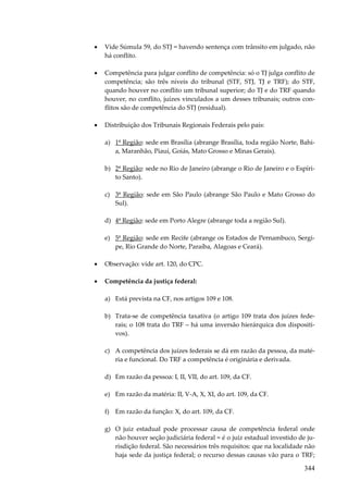 •

Vide Súmula 59, do STJ = havendo sentença com trânsito em julgado, não
há conflito.

•

Competência para julgar conflito de competência: só o TJ julga conflito de
competência; são três níveis do tribunal (STF, STJ, TJ e TRF); do STF,
quando houver no conflito um tribunal superior; do TJ e do TRF quando
houver, no conflito, juízes vinculados a um desses tribunais; outros conflitos são de competência do STJ (residual).

•

Distribuição dos Tribunais Regionais Federais pelo país:
a) 1ª Região: sede em Brasília (abrange Brasília, toda região Norte, Bahia, Maranhão, Piauí, Goiás, Mato Grosso e Minas Gerais).
b) 2ª Região: sede no Rio de Janeiro (abrange o Rio de Janeiro e o Espírito Santo).
c) 3ª Região: sede em São Paulo (abrange São Paulo e Mato Grosso do
Sul).
d) 4ª Região: sede em Porto Alegre (abrange toda a região Sul).
e) 5ª Região: sede em Recife (abrange os Estados de Pernambuco, Sergipe, Rio Grande do Norte, Paraíba, Alagoas e Ceará).

•

Observação: vide art. 120, do CPC.

•

Competência da justiça federal:
a) Está prevista na CF, nos artigos 109 e 108.
b) Trata-se de competência taxativa (o artigo 109 trata dos juízes federais; o 108 trata do TRF – há uma inversão hierárquica dos dispositivos).
c) A competência dos juízes federais se dá em razão da pessoa, da matéria e funcional. Do TRF a competência é originária e derivada.
d) Em razão da pessoa: I, II, VII, do art. 109, da CF.
e) Em razão da matéria: II, V-A, X, XI, do art. 109, da CF.
f) Em razão da função: X, do art. 109, da CF.
g) O juiz estadual pode processar causa de competência federal onde
não houver seção judiciária federal = é o juiz estadual investido de jurisdição federal. São necessários três requisitos: que na localidade não
haja sede da justiça federal; o recurso dessas causas vão para o TRF;

344

 