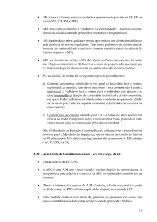 •

MI: juízes e tribunais com competência expressamente prevista na CF, CE ou
na lei (STF, STJ, TSE e TRE).

•

ADI: tem como parâmetro a “síndrome da inefetividade” – normas constitucionais de eficácia limitada (princípios institutivo e programático).

•

MI: legitimidade ativa: qualquer pessoa que tenha o seu direito inviabilizado
pela ausência de norma reguladora. Tem como parâmetro os direitos fundamentais, de nacionalidade e políticos (normas constitucionais de eficácia limitada, segundo o STF).

•

ADI: na decisão de mérito, o STF dá ciência ao Poder competente, da omissão. Órgão administrativo: 30 dias; fixa a mora do prejudicado, que pode pedir indenização pelos danos morais causados; não cabe medida cautelar.

•

MI: na decisão de mérito há os seguintes tipos de procedimento:
a) Corrente concretista: subdivide-se em geral (o Judiciário fará a norma,
suprimindo a omissão, com efeito erga omnes – esta corrente não é aceita);
individual (o Judiciário fará a norma para o indivíduo que ajuizou a ação); intermediária (junção da concretista individual e a não concretista,
em que o Poder Judiciário dá ciência sobre a omissão, no prazo de 120 dias. Se neste prazo não for suprida a omissão, o Judiciário faz a norma no
caso concreto.
b) Corrente não concretista: adotada pelo STF – o Judiciário deve apenas dar
ciência ao Poder competente sobre a omissão (fixa mora, podendo o indivíduo ajuizar ação de indenização pelos danos sofridos).
Obs. O Mandado de Injunção é auto-aplicável, utilizando-se o procedimento
previsto para o Mandado de Segurança; não se admite concessão de liminar
no MI admite-se o MI coletivo (os legitimados são os mesmos do MS coletivo
– art. 5º, LXX, da CF).

ADC – Ação Direta de Constitucionalidade – art. 102 e segs., da CF.
•

Criada através da EC 03/93.

•

A ADC é uma ADI com “sinal trocado” (caráter dúplice ou ambivalente). A
competência para julgá-la é a mesma da ADI; os legitimados também são os
mesmos.

•

Objeto: a natureza é a mesma da ADI. Contudo, o limite temporal é a partir
de 17 de março de 1993; o limite espacial diz respeito unicamente à CF.

•

Cabe medida cautelar com efeito de paralisar os processos em curso, nos
quais a constitucionalidade esteja sendo discutida (prazo de 180 dias).

37

 