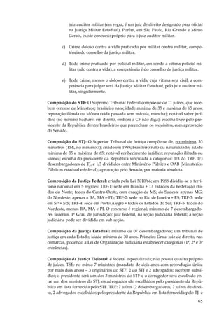 juiz auditor militar (em regra, é um juiz de direito designado para oficial
na Justiça Militar Estadual). Porém, em São Paulo, Rio Grande e Minas
Gerais, existe concurso próprio para o juiz auditor militar.
c) Crime doloso contra a vida praticado por militar contra militar, competência do conselho da justiça militar.
d) Todo crime praticado por policial militar, em sendo a vítima policial militar (não contra a vida), a competência é do conselho de justiça militar.
e) Todo crime, menos o doloso contra a vida, cuja vítima seja civil, a competência para julgar será da Justiça Militar Estadual, pelo juiz auditor militar, singularmente.
Composição do STF: O Supremo Tribunal Federal compõe-se de 11 juízes, que recebem o nome de Ministros; brasileiro nato; idade mínima de 35 e máxima de 65 anos;
reputação ilibada ou idônea (vida passada sem mácula, mancha); notável saber jurídico (no mínimo bacharel em direito, embora a CF não diga); escolha livre pelo presidente da República dentre brasileiros que preencham os requisitos, com aprovação
do Senado.
Composição do STJ: O Superior Tribunal de Justiça compõe-se de, no mínimo, 33
ministros (TSE, no mínimo 7); criado em 1988; brasileiro nato ou naturalizado; idade
mínima de 35 e máxima de 65; notável conhecimento jurídico; reputação ilibada ou
idônea; escolha do presidente da República vinculada a categorias: 1/3 do TRF, 1/3
desembargadores de TJ, e 1/3 divididos entre Ministério Público e OAB (Ministérios
Públicos estadual e federal); aprovação pelo Senado, por maioria absoluta.
Composição da Justiça Federal: criada pela Lei 5010/66; em 1988 dividiu-se o território nacional em 5 regiões: TRF-1: sede em Brasília + 13 Estados da Federação (todos do Norte; todos do Centro-Oeste, com exceção de MS; do Sudeste apenas MG;
do Nordeste, apenas a BA, MA e PI); TRF-2: sede no Rio de Janeiro + ES; TRF-3: sede
em SP + MS; TRF-4: sede em Porto Alegre + todos os Estados do Sul; TRF-5: todos do
Nordeste, menos BA, MA e PI. O concurso é regional; mínimo de 7 desembargadores federais. 1º Grau de Jurisdição: juiz federal, na seção judiciária federal; a seção
judiciária pode ser dividida em sub-seção.
Composição da Justiça Estadual: mínimo de 07 desembargadores; um tribunal de
justiça em cada Estado; idade mínima de 30 anos. Primeiro Grau: juiz de direito, nas
comarcas, podendo a Lei de Organização Judiciária estabelecer categorias (1ª, 2ª e 3ª
entrâncias).
Composição da Justiça Eleitoral: é federal especializada; não possui quadro próprio
de juízes. TSE: no mínio 7 ministros (mandato de dois anos com recondução única
por mais dois anos) – 3 originários do STF, 2 do STJ e 2 advogados; recebem subsídios; o presidente será um dos 3 ministros do STF e o corregedor será escolhido entre um dos ministros do STJ; os advogados são escolhidos pelo presidente da República em lista fornecida pelo STF. TRE: 7 juízes (2 desembargadores, 2 juízes de direito, 2 advogados escolhidos pelo presidente da República em lista fornecida pelo TJ, e

65

 