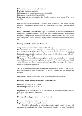 Difuso: elabora uma constituição histórica.
Derivado: deriva do originário.
Reformador: reforma a constituição (art. 60, da CF).
Revisor: faz a revisão (art. 3º, do ADCT).
Decorrente: cria as constituições dos Estados-membros (arts. 25, da CF e 11, do
ADCT).
Obs.: segundo Paulo Bonavides, a diferença entre o reformador e o revisor, é que o
primeiro é a via ordinária de alteração da Constituição; o segundo é a via extraordinária.
Poder Constituinte Supranacional: espécie de constituição comunitária de determinado bloco, cujo titular não é o povo, mas o cidadão universal (Ex. Comunidade
Européia). É responsável pela elaboração de uma constituição na qual cada Estado
cede uma parcela de sua soberania para a formação de um documento supranacional.
Limitações ao Poder Derivado Reformador.
Temporais: não existem limites em nossa CF (art. 60).
Circunstanciais: impedem a alteração da CF em situações excepcionais, nas quais a
livre manifestação do Poder Derivado possa estar ameaçada. Chamado de estado de
legalidade extraordinária (estado de defesa, estado de sítio e intervenção federal) –
arts. 34, 136 e 137, da CF.
Materiais ou substanciais: cláusulas pétreas (podem ser ampliadas, não restringidas). Podem ser expressas ou implícitas (expressas: § 4º, do art. 60: a forma federativa de Estado; o voto direto, secreto, universal e periódico; separação dos Poderes e
direitos e garantias individuais).
STF: os direitos e garantias individuais estão espalhados por toda a CF (ex. art. 16 –
princípio da anterioridade eleitoral; art. 150, III, ‘b’ - princípio da anterioridade tributária).
Obs.: a forma federativa de Estado é um princípio intangível de nossa CF.
Cláusulas pétreas implícitas, segundo Paulo Bonavides:
Soberania nacional: art. 1º, I, da CF.
Pluralismo político: art. 1º, V, da CF.
Dupla revisão: na verdade, trata-se de uma reforma. Não se admite no Brasil (para o
português Jorge Miranda, admite-se).
Limitações formais, processuais ou procedimentais
Expressas: são as circunstanciais e materiais
Implícitas: são as formais, que podem ser:
Subjetivas: relacionadas ao sujeito, à competência para propor emenda = iniciativa do Pres. da República; 1/3 da Câmara ou do Senado; + 50% das Assembléias

9

 