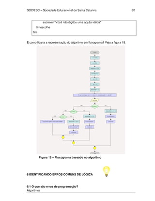 SOCIESC – Sociedade Educacional de Santa Catarina
Algoritmos
62
escrever "Você não digitou uma opção válida"
fimescolhe
fim
E como ficaria a representação do algoritmo em fluxograma? Veja a figura 18.
Figura 18 – Fluxograma baseado no algoritmo
6 IDENTIFICANDO ERROS COMUNS DE LÓGICA
6.1 O que são erros de programação?
 