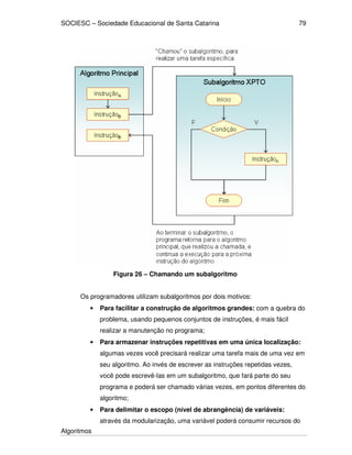SOCIESC – Sociedade Educacional de Santa Catarina
Algoritmos
79
Figura 26 – Chamando um subalgoritmo
Os programadores utilizam subalgoritmos por dois motivos:
• Para facilitar a construção de algoritmos grandes: com a quebra do
problema, usando pequenos conjuntos de instruções, é mais fácil
realizar a manutenção no programa;
• Para armazenar instruções repetitivas em uma única localização:
algumas vezes você precisará realizar uma tarefa mais de uma vez em
seu algoritmo. Ao invés de escrever as instruções repetidas vezes,
você pode escrevê-las em um subalgoritmo, que fará parte do seu
programa e poderá ser chamado várias vezes, em pontos diferentes do
algoritmo;
• Para delimitar o escopo (nível de abrangência) de variáveis:
através da modularização, uma variável poderá consumir recursos do
 