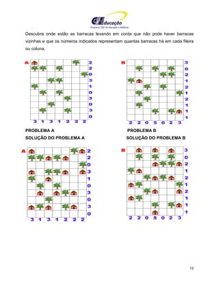 Programa CIEE de Educação a Distância
12
Descubra onde estão as barracas levando em conta que não pode haver barracas
vizinhas e que os números indicados representam quantas barracas há em cada fileira
ou coluna.
PROBLEMA A PROBLEMA B
SOLUÇÃO DO PROBLEMA A SOLUÇÃO DO PROBLEMA B
 