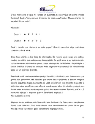 Programa CIEE de Educação a Distância
15
O que representa a figura 1? Parece um quadrado. Só isso? Que tal quatro círculos
famintos? Quatro “come-comes” brincando de pega-pega? Mickey Mouse olhando no
espelho? O que mais?
Atividade:
Grupo 1: A E F H I
Grupo 2: B C D G J
Qual o padrão que diferencia os dois grupos? Quando descobrir, diga qual deles
colocaria o K o R e o T.
Dica: fique atento a dois tipos de informação. De repente pode surgir um padrão,
modelo ou critério que pode passar despercebido. Se você tende a ser lógico demais,
concentre-se nos sentimentos que as coisas são capazes de despertar. Se privilegiar o
visual, sintonize o “cheiro” da situação. Aliás, traçar um “mapa olfativo” de vários odores
pode ser um exercício divertido.
Feedback: você precisa descobrir que tipo de critério foi utilizado para determinar a que
grupo elas pertencem. Há pessoas que olham para o problema e tentam imaginar
alguma sequência lógica. Entretanto, se você procurar um tipo diferente de padrão e
sintonizar não a sequência, mas a forma notará que as letras do primeiro grupo só têm
linhas retas, enquanto as do segundo grupo têm retas e curvas. Portanto, o K e o T
iriam para o grupo 1, ao passo que o R pertenceria ao grupo 2.
Não subestime o óbvio
Algumas vezes, as ideias mais úteis estão bem diante de nós. Como notou o explorador
Scotto Love certa vez: “Só o mais tolo dos ratos se esconderia na orelha de um gato.
Mas só o mais esperto dos gatos se lembraria de procurá-lo lá”.
 